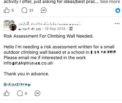 A facebook post asking for a risk assessment