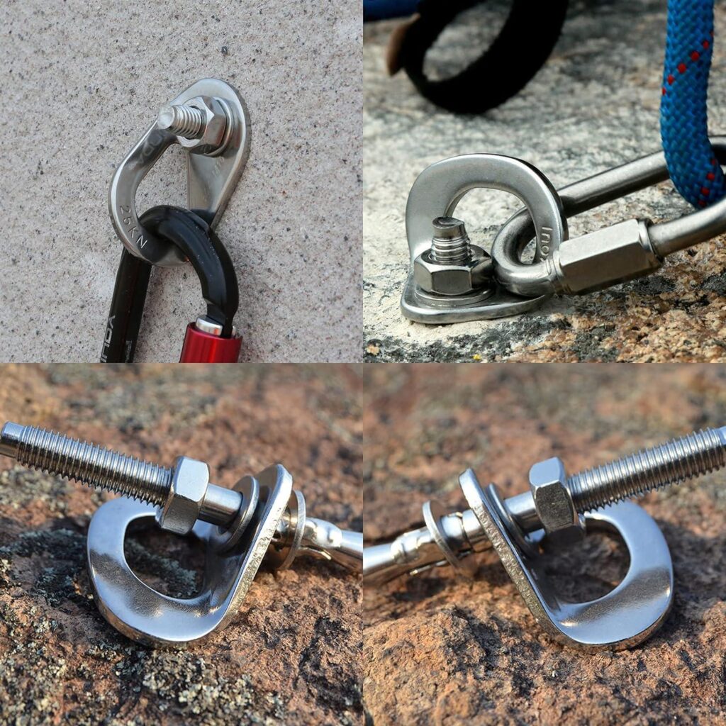 Four compressed images of climbing bolt hangars